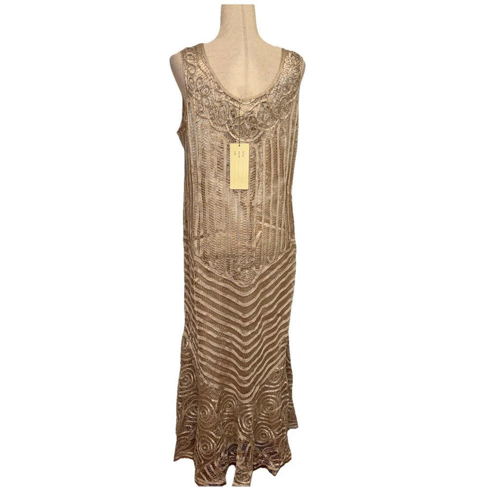 NWT Soulmates D7155 Silk Handcrafted 2 Pc Champagne Crochet Maxi Dress XL $850 - Picture 11 of 16